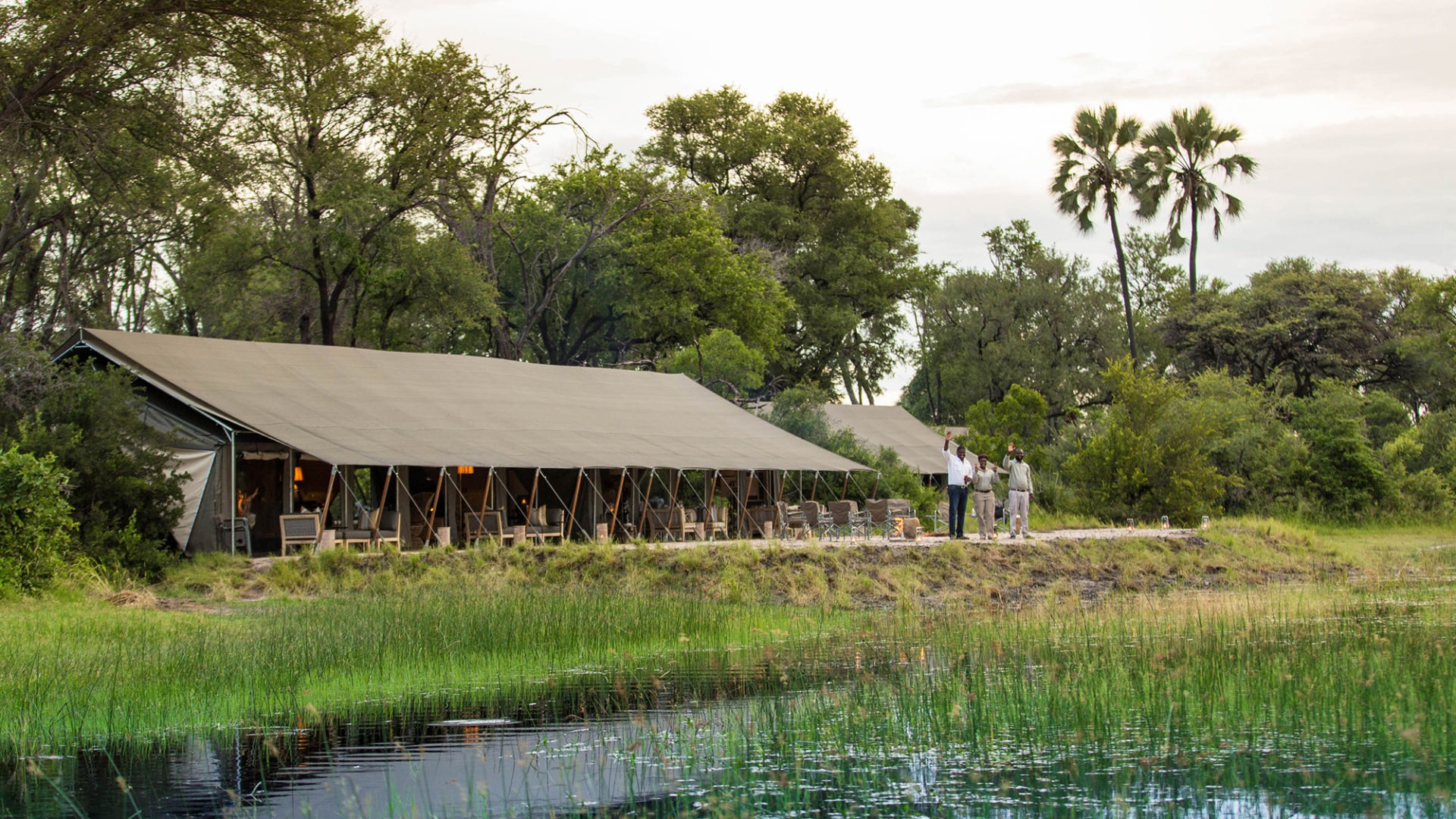gomoti camp machaba lodge from water