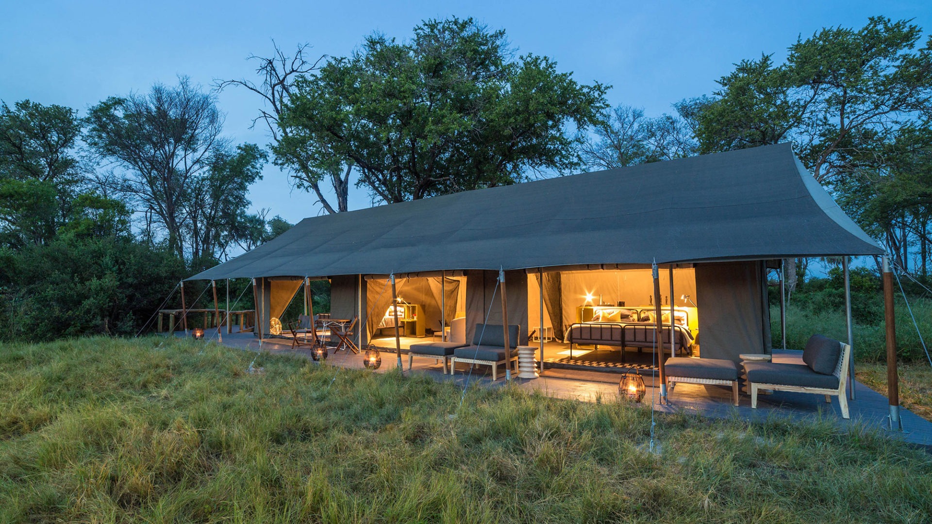 gomoti camp machaba tent night