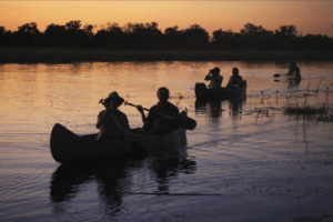 selinda spillway canoe safari down river sunset